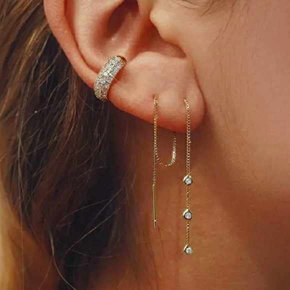 2/$25 Linear Drop Three Stone Cz Trio Gold Threader Dangle Earrings - Picture 5 of 5